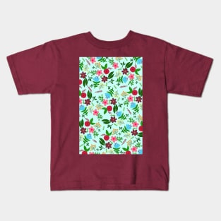 Red, pink, blue and maroon flower pattern with blue color background Kids T-Shirt